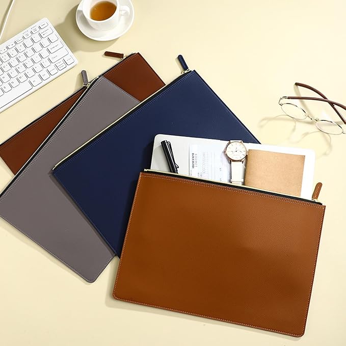 PU Leather A4 File Folder Zipper Document Holder Envelope Folder Case for Receipt Contract (Black)