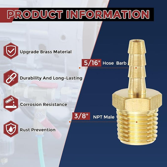 Pack of 2 Brass Hose Barbs Fittings 5/16" Hose Barb to 3/8" NPT Male Fittings for Home Machines, Massage Bathtubs, and Irrigation System