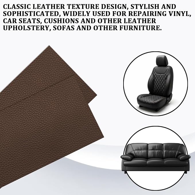 2 PCS 8 x 4 Inch PU Leather Patch for Car Seat Repair, Self-Adhesive Waterproof Vinyl Scratch Repair Kit, Breathable Leather Patches for Furniture, Car Upholstery, Couch, Sofa, Chair (Brown)