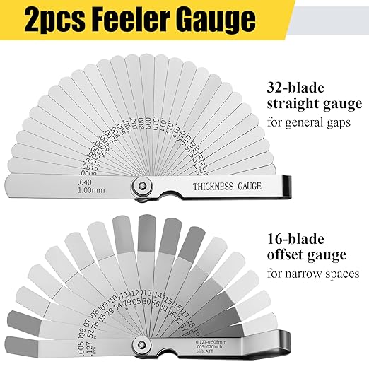 2pcs Feeler Gauges Set Stainless Steel, 32 Straight & 16 Angled Blades, Dual Marked SAE/Metric Wider Range Spark Plug Gap Tool, Filler Gauges Kit for Valves, Automotive, Piston, Guitar