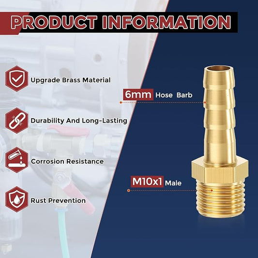 Pack of 1 Brass Hose Barb Fittings Adapter Connector 6mm Hose Barb to M10x1 Male Fittings for Home Machines, Massage Bathtubs, and Irrigation Systems