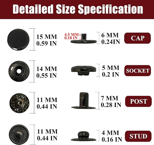 Raydodo 12 Set Leather Snap Fasteners Kit, 15mm Metal Snap Buttons Kit Press Studs with 4 Install Tools, Rivets and Snaps for Clothing, Jeans, Jackets, Bracelets, Bags (Black)
