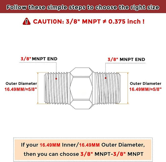 Pack of 12, 3/8" MNPT to 3/8" MNPT Solid Brass Hex Nipple Hose Connector W/Sealing Tape, Male Pipe Adapters for Pipe Leak Repair, Bathroom Remodeling, Tool Extensions, Compression
