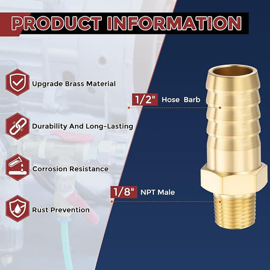 Pack of 6 Brass Hose Barb Fittings Adapter Connector 1/2" Hose Barb to 1/8" NPT Male Fittings for Home Machines, Massage Bathtubs, and Irrigation Systems