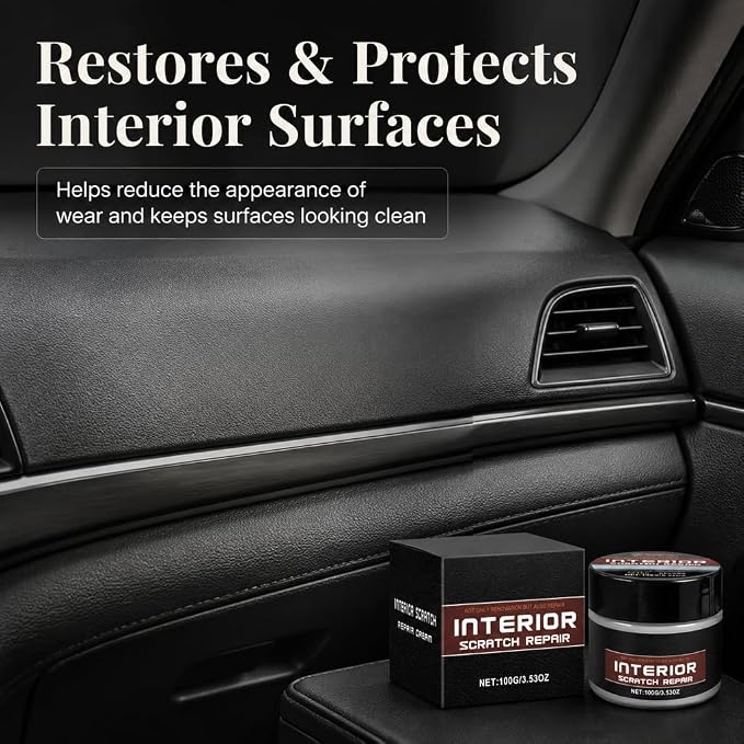Car Interior Scratch Remover Wax – Dashboard & Leather Repair, 100g | Restores faded plastic and vinyl trim. Fills scuffs and wear marks. Complete DIY kit with sponge for auto renewal