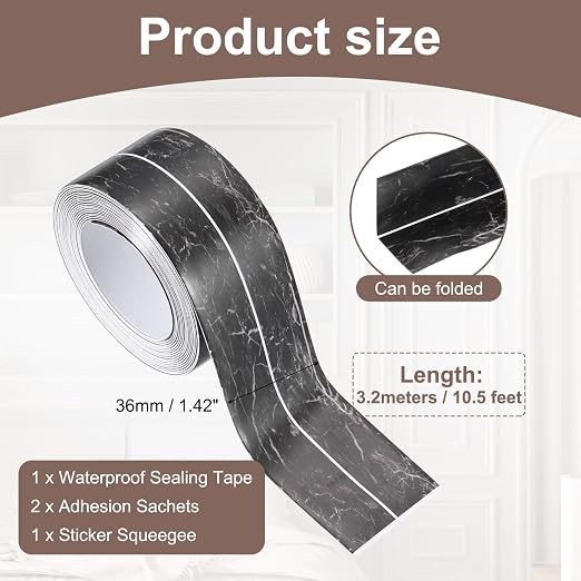 uxcell Caulk Tape Waterproof, 1.42 Inch x 10.5 ft Self-Adhesive Sealant Sealing Strip Caulking Sealant Tape PVC with Tool for Kitchen Sink Toilet Bathroom Bathtub Floor, Black Marble