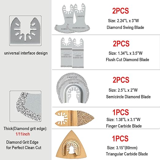 8Pcs Diamond Carbide Oscillating Blades, 5 Types Universal Grout Oscillating Multi Tool Blades for Grout Removal, Cleaning Mortar, Soft Tile Cut