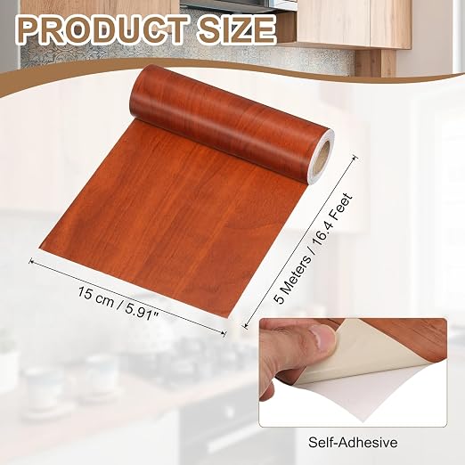 uxcell Wood Tape, 6 Inch x 16ft Self-Adhesive Wood Grain Repair Tape Patch with Plastic Scraper for Baseboards, Doors, Windows, Floor Repair and Furniture Renovation, Red