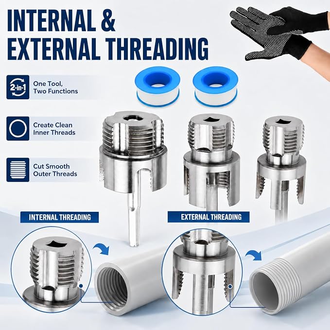 PVC Pipe Threader Kit, Internal And External Threading Tool For 1/2 3/4 1 Inch Plastic Pipes, Drill Compatible Pipe Thread Cutting Tool Set With 3 Hex Adapters, Gloves And Thread Seal Tape