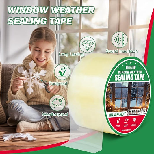 1Pack Window Weather Sealing Tape, 3in x 55y,Clear Window Insulation Tape for Doors Windows and Shower Glass Gaps,Waterproof,No Residue