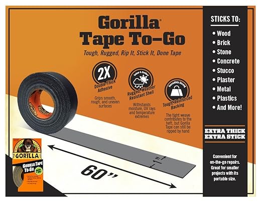 Gorilla 6100101-8 Duct Tape to-Go, 1" x 10 yd, Black, (Pack of 8), 8-Pack, 8 Piece