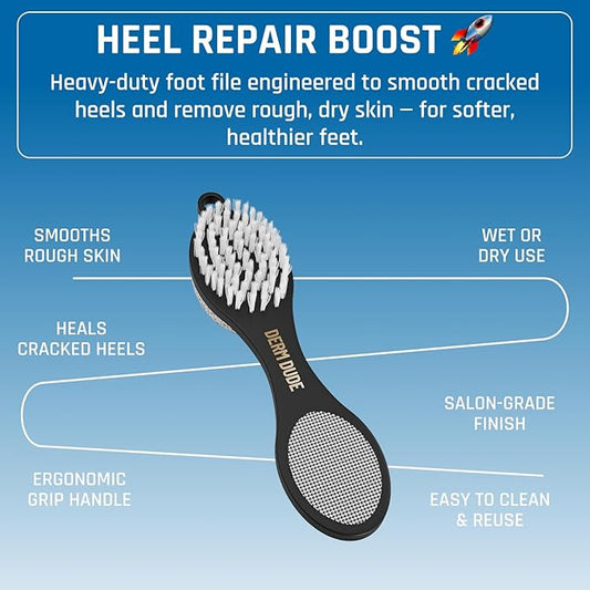 Derm Dude 4-in-1 Foot Scrubber & Heel Repair Tool | Foot File Callus Remover for Feet | Pedicure Tool with Metal File, Pumice Stone, Emery Board & Cleaning Brush to Soften & Smooth Rough, Dry Feet