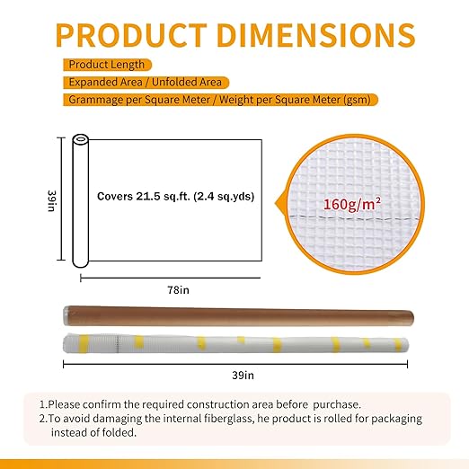 Fiberglass Mesh Roll for Stucco & Wall Repair –39 in, 21.5 Sq.Ft. Coverage,160g/㎡ Alkali Resistant Fibreglass Reinforcing Mesh, Non-Adhesive Fiber Patch for Plaster, Render, Tile,Gypsum Walls.