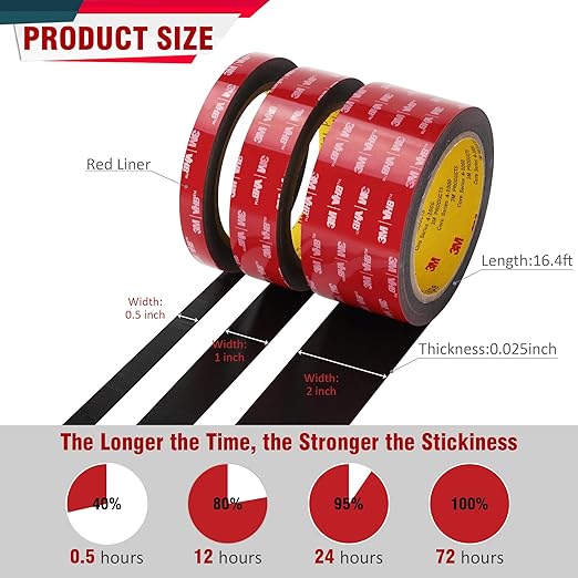 3M Double Sided Tape 0.5"×18ft 5925 Black Mounting Tape Heavy Duty Waterproof Foam Tape Strong Adhesive for RV LED Strip Light Décor