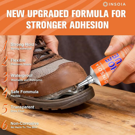 INSOIA Shoe Glue Sole Repair Kit 29.5 MLx 2, Heavy Duty Clear Shoe Adhesive, Waterproof, Flexible, for Sneakers, Boots, Leather, Rubber, Canvas, heel, Patch and More - Cement Dries Within 24 Hrs