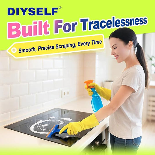 DIYSELF Plastic Razor Blade Scraper, 1 Pack Plastic Scraper Tool with 5 Pcs 4-Inch Plastic Razor Blades, Sticker Remover Tool and Decal Remover for Glass, Window, Labels, Adhesive, Cooktop, Tile