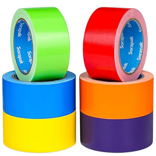 Colored Duct Tape 6 Rolls, 2 in x 20 yd, Rainbow Tape for DIY Crafts | Strong Adhesive, Easy Tear, Waterproof for Packing, Repairs, Color Coding, Home, School & Office
