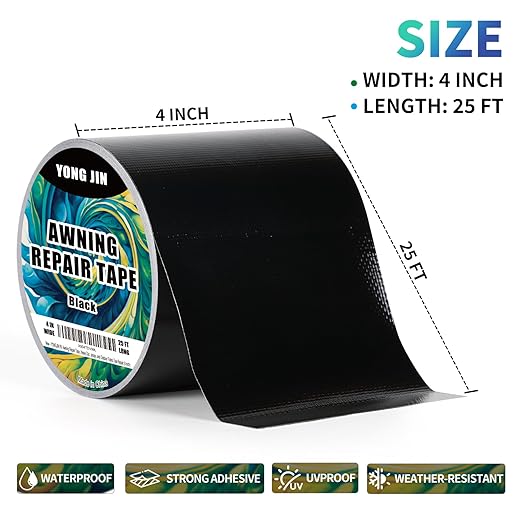 YONGJIN RV Awning Repair Tape, Heavy Duty Outdoor Tent Repair Tape and Tarp Tape, Waterproof Tarp Patch Kit for Camper, Boat Covers, Canvas, Sail, Canopy, and Outdoor Fabric Tear Repair (4 inch)