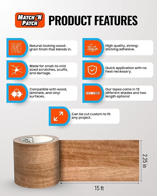 MATCH 'N PATCH Wood Grain Repair Tape - Colonial Maple, 2.25 in x 15 ft (1-Pack) – Wood Grain Colored Duct Tape for Mirror Frame, Trim, Borders, Floor and Other Furniture, Scratch Repair Kit