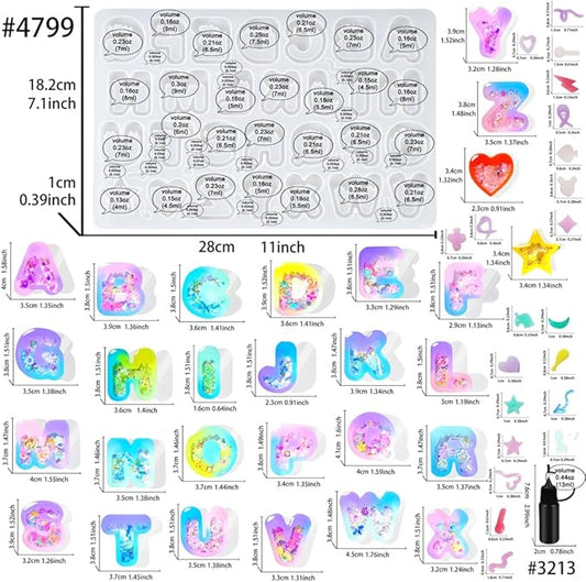 FUNSHOWCASE Alphabet Resin Shaker Molds Kawaii Keychain Charm Set Pack of 58 Silicone Trays Seal Films Precision Tip Applicator Bottle Kit Bundle