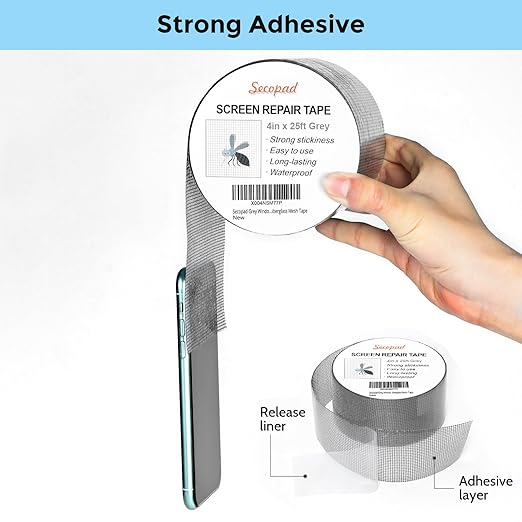Secopad Grey Window Screen Repair Tape, 4IN X 25FT (300IN) Screen Repair Kit for Windows or Doors, Strong Adhesive Patch Kit Fiberglass Mesh Tape