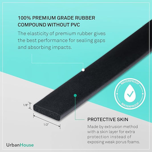 Neoprene Waterproof Rubber Foam 1/2” (w) x 1/8” (h) x 48’ (l) Weather Stripping Door Seal Insulation Shock-Absorbing 3M Self-Adhesive Tape for Door Frames, Windows – Black, 1 Continuous Roll