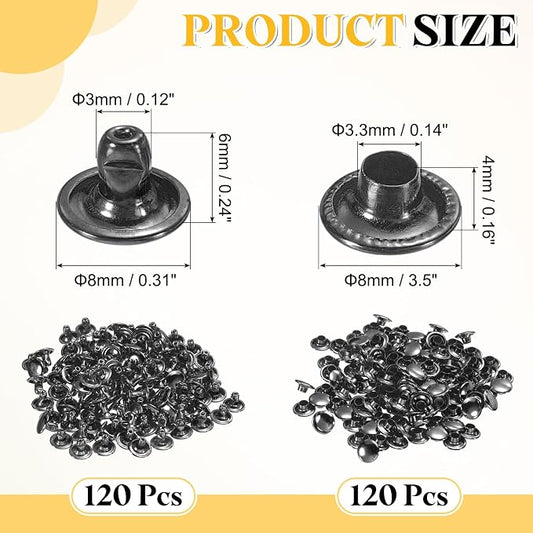 uxcell 120 Sets Leather Rivets, 8mm Double Cap Rivets, 6mm Height Tubular Metal Studs for Leather Craft Repair and Decoration DIY Clothes, Shoes, Bags, Belts, Gunmetal