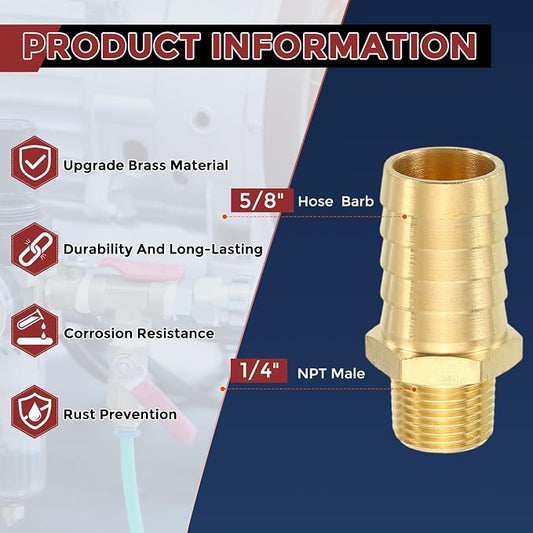 Pack of 3 Brass Hose Barbs Fittings 5/8" Hose Barbs to 1/4" NPT Male Fittings for Home Machines, Massage Bathtubs, and Irrigation Systems