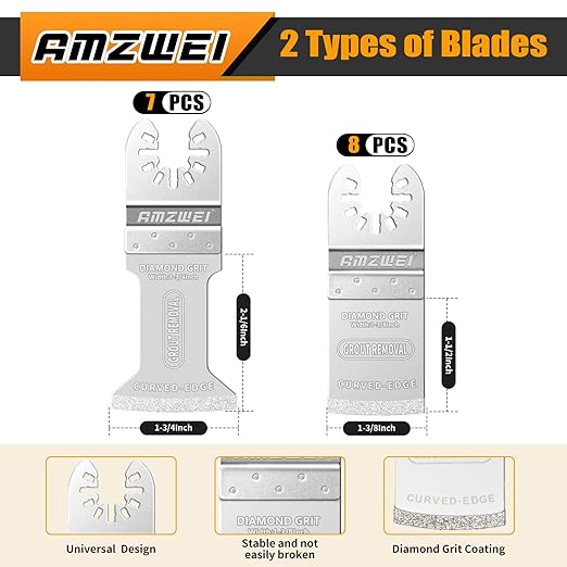 AMZWEI 15PCS Diamond Oscillating Tool Blades, Curved Edge Long Multi Tool Blades for Grout Removal, Cleaning Mortar, Fit Dewalt Milwaukee Rockwell Ridgid Ryobi Chicago Craftsman.(Thickness: 1/13 Inch)