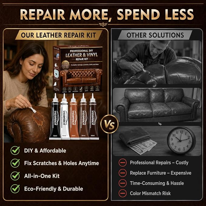 Vigorder Brown Leather Repair Kit for Furniture, Leather Couch Repair Kit for Sofa, Car Seats, Jacket and Purse, Fix Scratches, Tears, Holes, Cracks and Peeling with Easy Instructions