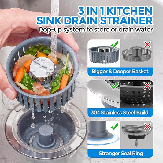 Sink Drain Strainer - Sink Stopper Kitchen Drain, 3 in 1 Kitchen Sink Drain Strainer with Anti-Clogging Basket, Kitchen Gadgets Clearance Sink Accessories, Fit US Standard 3-1/2'' Sink Hole, Silver