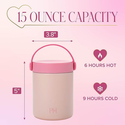 Paris Hilton Insulated Food Jar, Stainless Steel Vacuum Insulated Food Container with Folding Carry Handle, Leak-Proof Lid, 15-Ounce, Pink