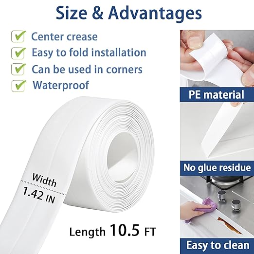 Caulk Tape, Caulk Tapes Waterproof Self Adhesive, Traditional Caulking Sealant Replacement, Caulking Strips for Toilet, Bathroom, Sink, Bathtub, Floor Wall Edge Protector(1.42" x 10.5Ft)