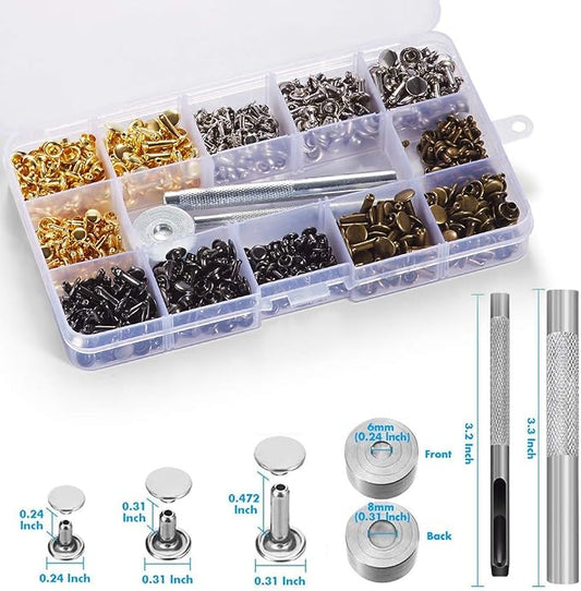 360 Sets Leather Rivets, Double Cap Rivets for Fabric, with Setting Tool Kit for Crafts Repairs/Clothing/Belts Strap