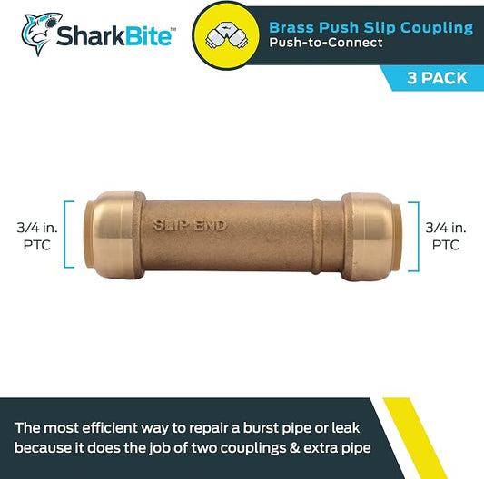 SharkBite 3/4 Inch Slip Coupling, Pack of 3, Push to Connect Brass Plumbing Fitting, PEX Pipe, Copper, CPVC, PE-RT, HDPE, U3016LF