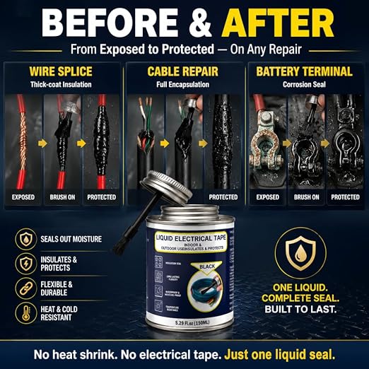 5.29OZ Liquid Electrical Tape, Black Insulating Glue with Brush Cap, Waterproof & Flexible Rubber Coating, Quick-Drying for Wires, Cables, Outdoor Electrical Connectors, Marine, Automotive Use