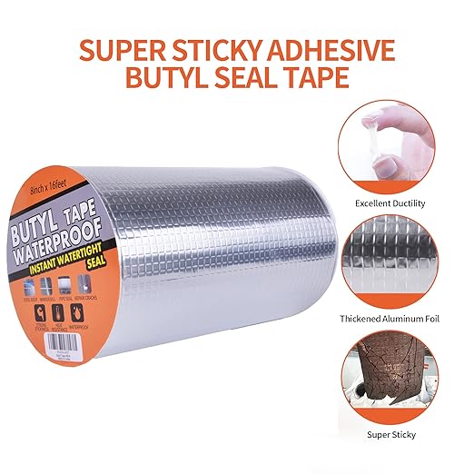 TAPEBEAR Butyl Tape Waterproof Sealing Tape Aluminum Foil Tape, for RV Repair, Window, Silicone, Glass & EDPM Roof Leak Patching, Boat and Pipe Sealing, Silver, 6inch x16feet,12rolls