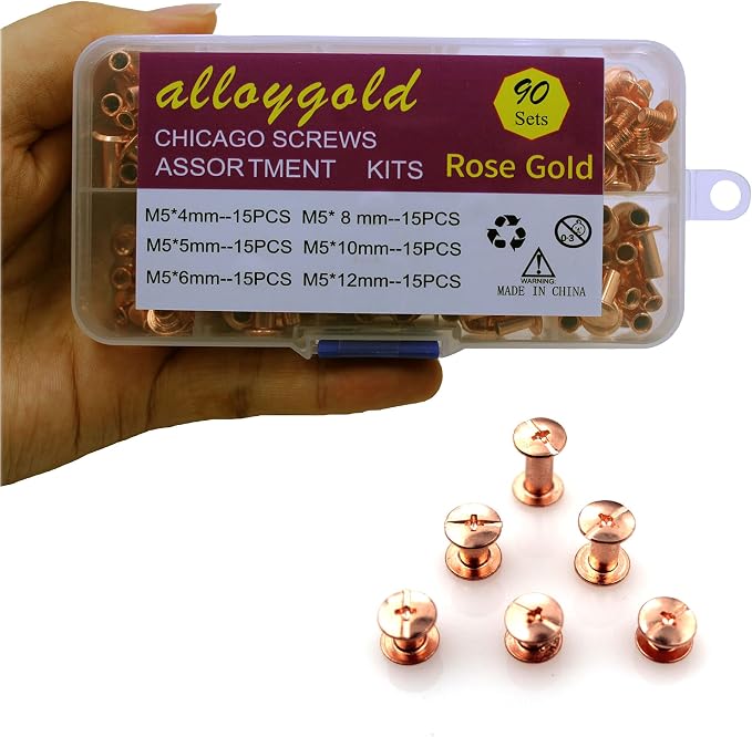 90 Sets Rose Gold Chicago Screws Leather Assorted Kit ,6 Sizes of Screw Rivets for Leather Rivet for DIY Leather Craft and Bookbinding (M5 X 4, 5, 6, 8, 10, 12)