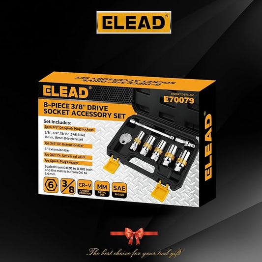 ELEAD 8-Piece 3/8" Drive Spark Plug Socket Set with Universal Joint, Spark Plug Gapper and 6" Extension Bar, SAE & Metric, 5/8", 3/4", 13/16", 14mm, 18mm, CR-V Sockets with Rubber Holding Rings