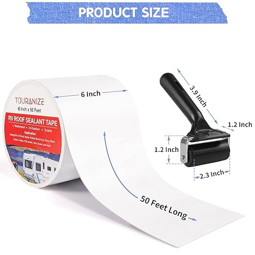 RV Roof Tape with Rubber Roller, 6 Inch x 50 Feet RV Sealant Tape for Camper Roof Repair, Boat Sealing, Trailer Roofing Seam Leaks, UV Resistant, Waterproof, White
