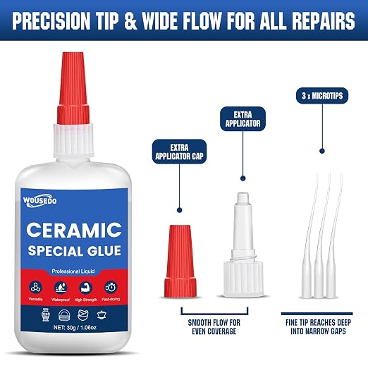WOUSEDO Ceramic Glue 30g, Waterproof & Heat-Resistant Instant Adhesive | High-Strength & Clear, Fast Curing Super Glue for Porcelain, Clay Pots, Figurine, Pottery, Dishes Repair, DIY Crafts.