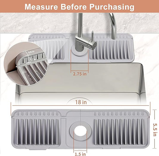 18 inch Silicone Faucet Mat for Kitchen Sink - 6° Slope & Fasten Button Design, Quick-Dry Splash Guard Water Catcher Behind Faucet, RV/Bathroom Safe (Gray)