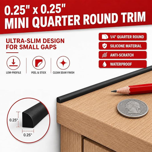 0.25" x 0.25" Mini Quarter Round Molding,40FT Self Adhesive Flexible Trim for Small Gaps, Countertop Wall Seam, Window Sill, Desk & Cabinet Edge, Peel and Stick Finishing Strip