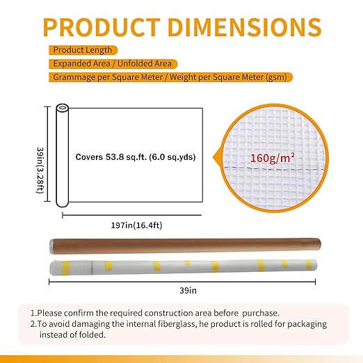 Fiberglass Mesh Roll for Stucco & Wall Repair –39 in, 53.8 Sq.Ft. Coverage,160g/㎡ Alkali Resistant Fibreglass Reinforcing Mesh, Non-Adhesive Fiber Patch for Plaster, Render, Tile,Gypsum Walls.