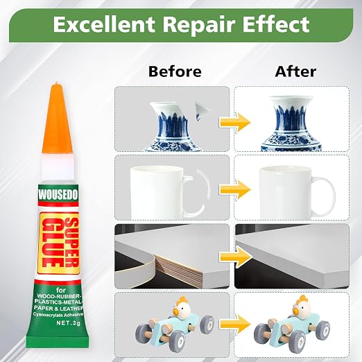 WOUSEDO 24 X 3g Super Glue Clear, Strong Adhesive,Super Glue Fast Drying Cyanoacrylate Glue for Wood,Rubber,Leather, Plastic, Metal, Rhinestone Jewelry, DIY Crafts and More