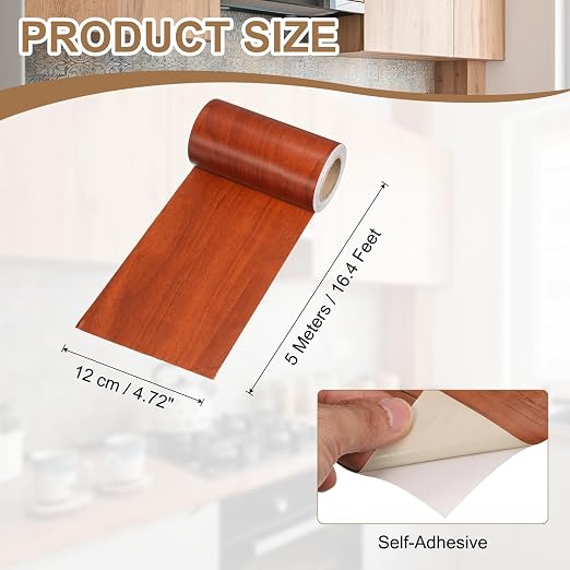 uxcell Wood Tape, 5 Inch x 16ft Self-Adhesive Wood Grain Repair Tape Patch with Plastic Scraper for Baseboards, Doors, Windows, Floor Repair and Furniture Renovation, Red