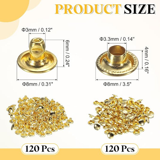 uxcell 120 Sets Leather Rivets, 8mm Double Cap Rivets, 6mm Height Tubular Metal Studs for Leather Craft Repair and Decoration DIY Clothes, Shoes, Bags, Belts, Gold