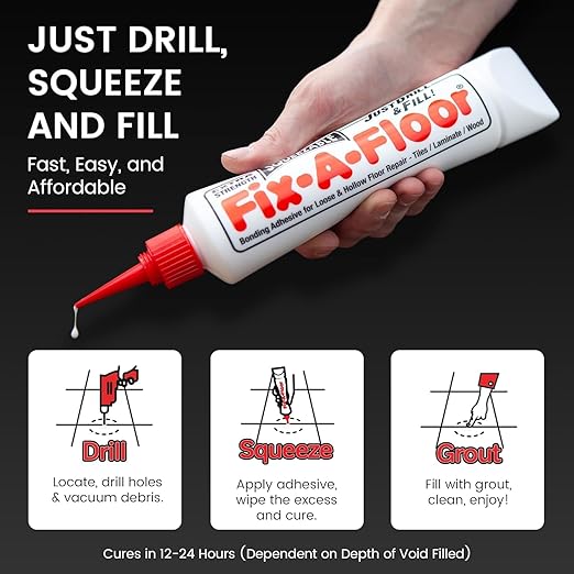 Pack of 2 - The Original Fix-A-Floor Squeezy All-in-One Repair Adhesive for Loose, Hollow, Creaky Tiles & Wood. Just Drill & Fill! Easy Squeezy! Made in The USA!