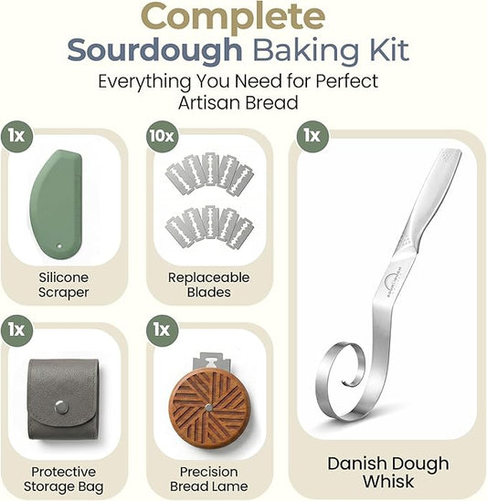 Sourdough Accessories | Seamless Danish Sourdough Bread Whisk, Silicone Dough Scraper & Sourdough Scoring Tool with 5 Blades + Storage Bag (Sourdough bread lame Kit) | Bread baking supplies