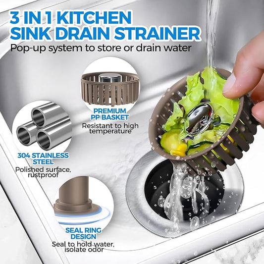 Upgraded 3in1 Kitchen Sink Drain Strainer & Sink Stopper, Stainless Steel Kitchen Drain Plug & Cover with Anti-Clogging Basket Strainer, Fit US Standard 3-1/2'' Sink Drain Hole, Brown
